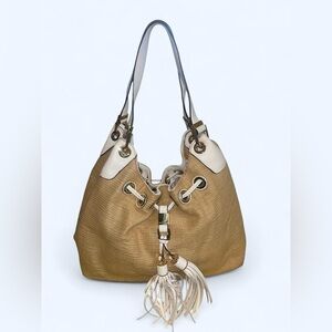 Michael Kors Tan and Cream Drawstring Hobo with Tassel Detail